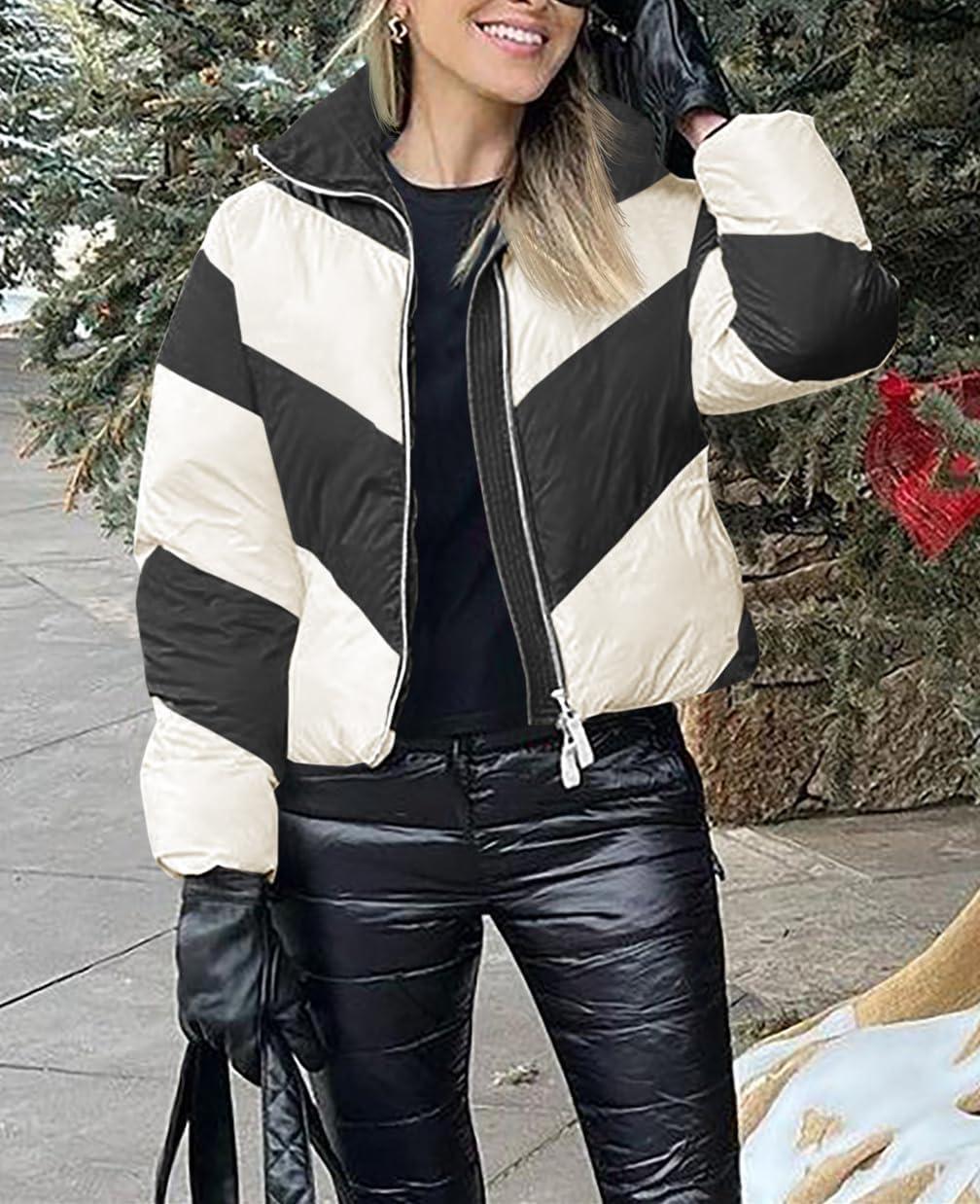 imageTankaneo Womens Winter Cropped Puffer Jacket Color Block Zip Up Puffy Down Coats Oversized OuterwearBlack