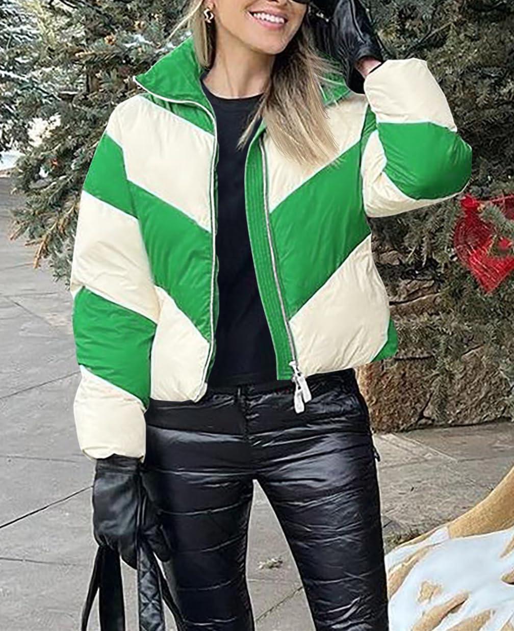 imageTankaneo Womens Winter Cropped Puffer Jacket Color Block Zip Up Puffy Down Coats Oversized OuterwearGreen