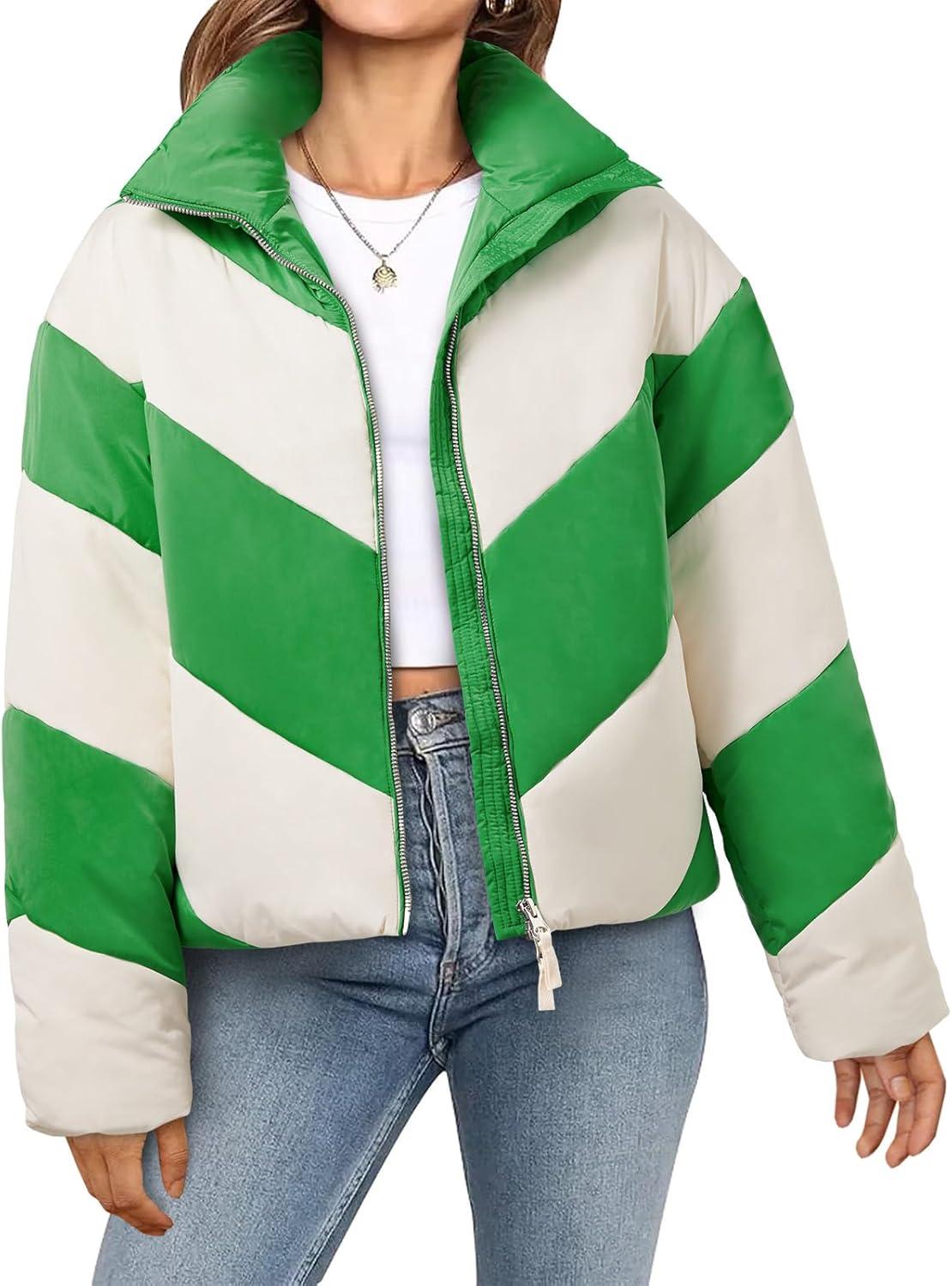 imageTankaneo Womens Winter Cropped Puffer Jacket Color Block Zip Up Puffy Down Coats Oversized OuterwearGreen