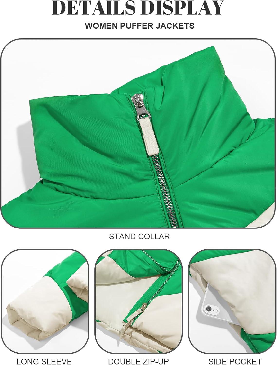 imageTankaneo Womens Winter Cropped Puffer Jacket Color Block Zip Up Puffy Down Coats Oversized OuterwearGreen