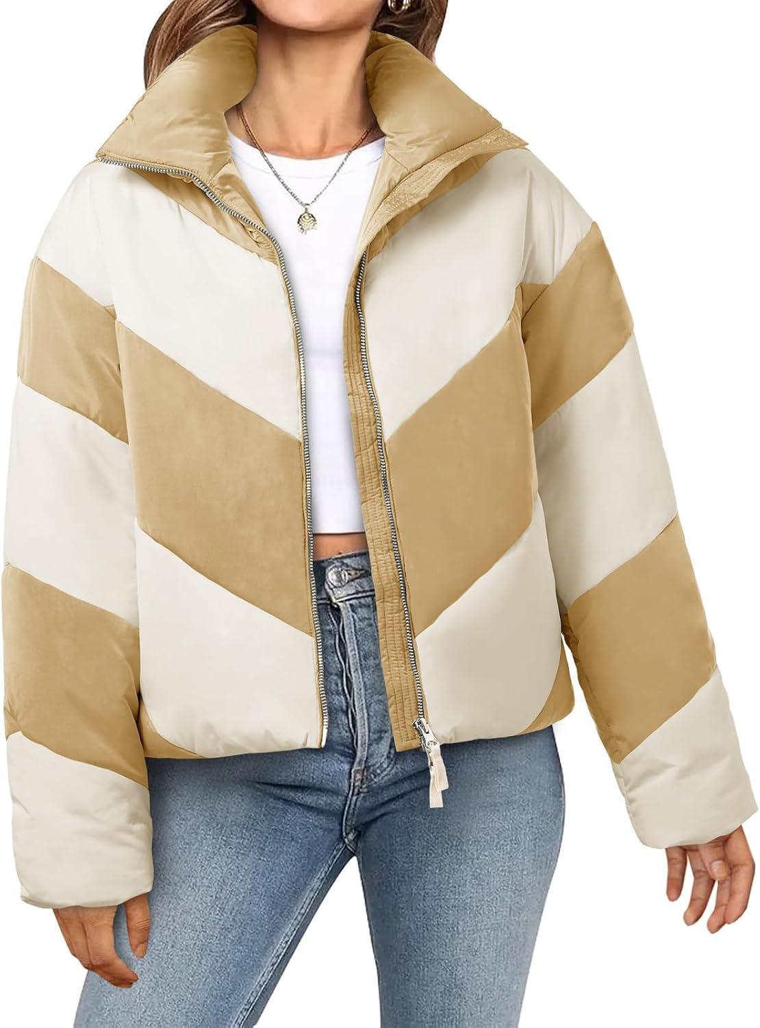 imageTankaneo Womens Winter Cropped Puffer Jacket Color Block Zip Up Puffy Down Coats Oversized OuterwearKhaki