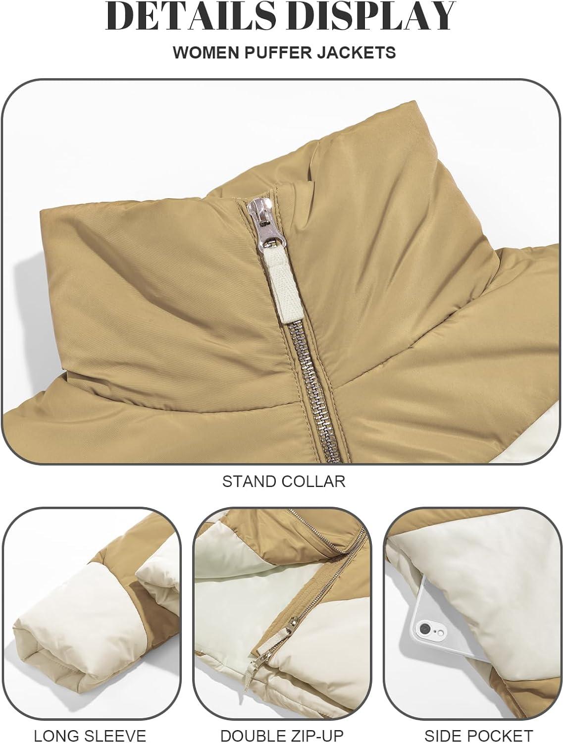 imageTankaneo Womens Winter Cropped Puffer Jacket Color Block Zip Up Puffy Down Coats Oversized OuterwearKhaki