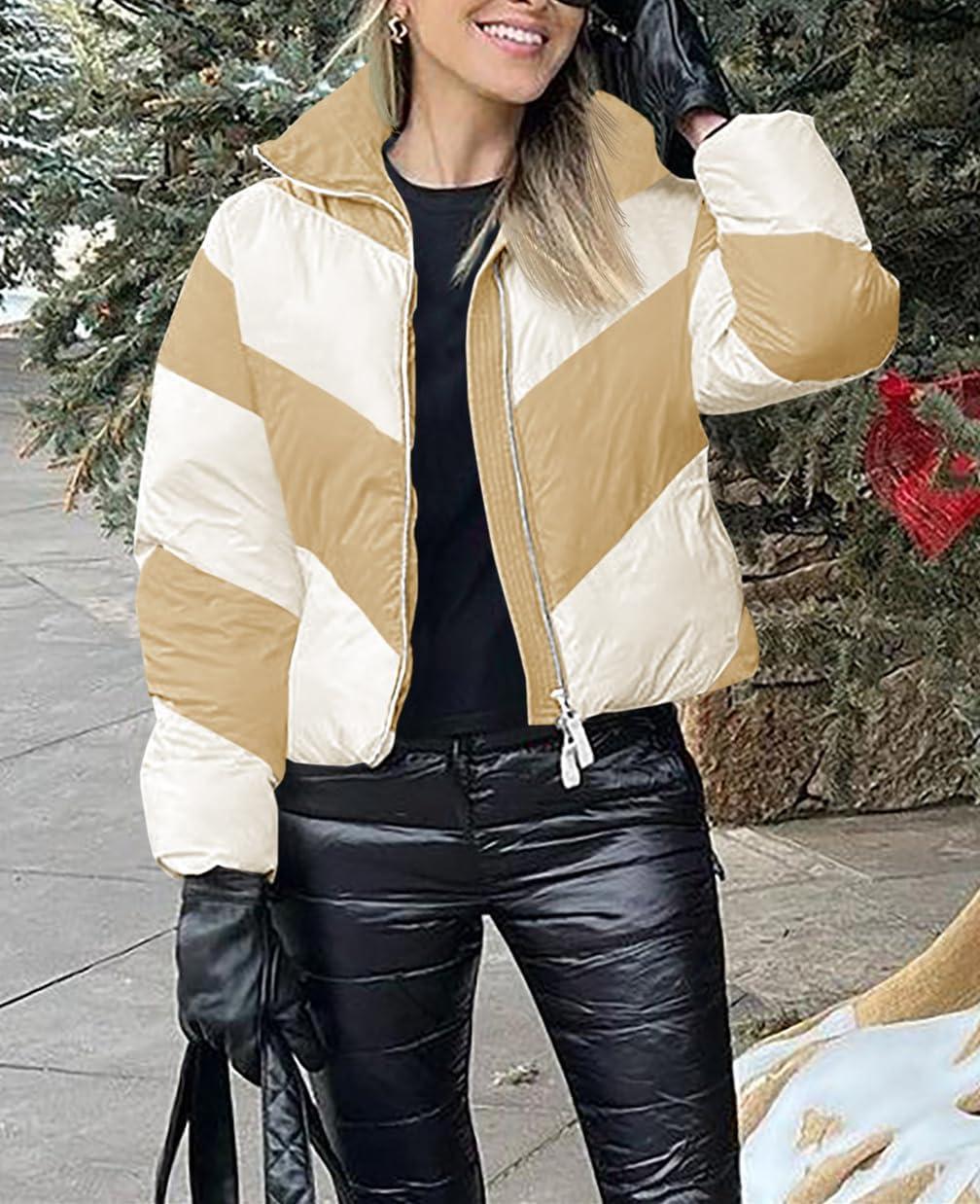 imageTankaneo Womens Winter Cropped Puffer Jacket Color Block Zip Up Puffy Down Coats Oversized OuterwearKhaki