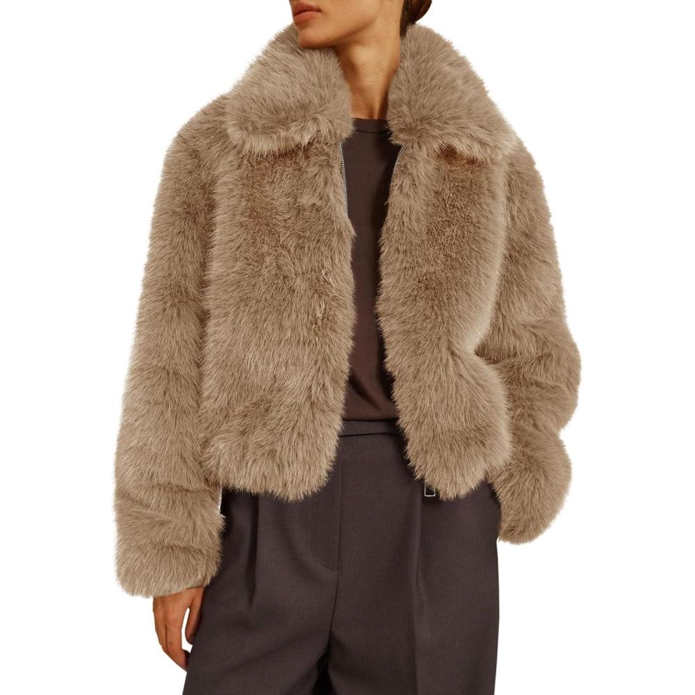 imageTankaneo Womens Cropped Faux Fur Jacket Shaggy Lapel Zip Up Winter Coats Fuzzy Warm OuterwearLight Khaki