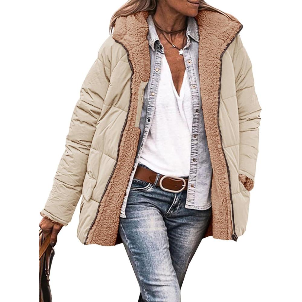 imageTankaneo Womens Reversible Puffer Jackets Sherpa Lined Fleece Winter Coats Casual Zip Up Hooded Warm Outerwear