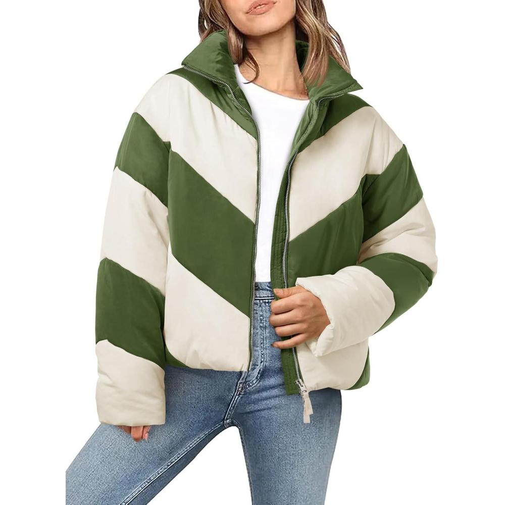 imageTankaneo Womens Winter Cropped Puffer Jacket Color Block Zip Up Puffy Down Coats Oversized OuterwearArmy Green