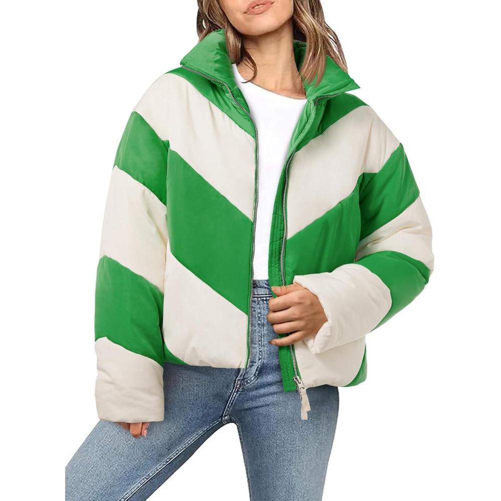 imageTankaneo Womens Winter Cropped Puffer Jacket Color Block Zip Up Puffy Down Coats Oversized OuterwearGreen