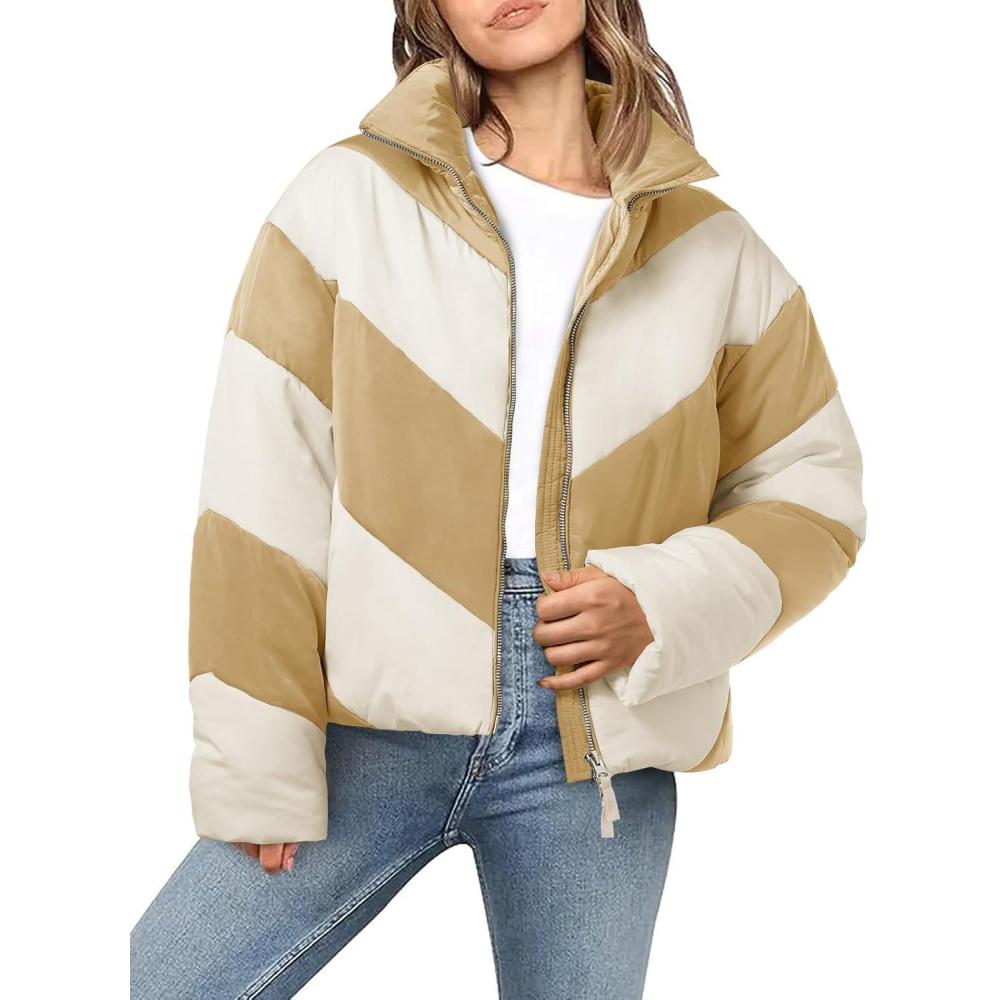 imageTankaneo Womens Winter Cropped Puffer Jacket Color Block Zip Up Puffy Down Coats Oversized OuterwearKhaki
