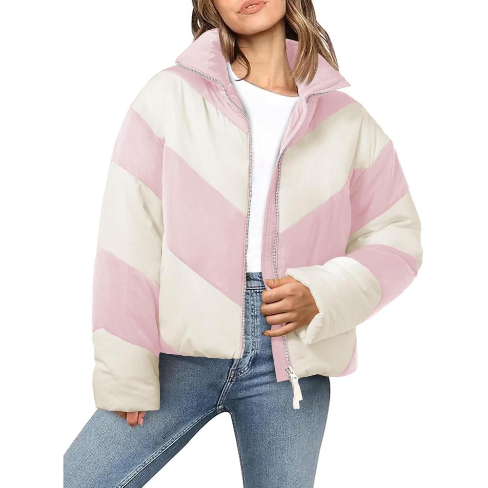 imageTankaneo Womens Winter Cropped Puffer Jacket Color Block Zip Up Puffy Down Coats Oversized OuterwearPink