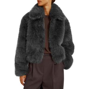 Tankaneo Womens Cropped Faux Fur Jacket Shaggy Lapel Zip Up Winter Coats Fuzzy Warm Outerwear(Grey)