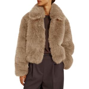 Tankaneo Womens Cropped Faux Fur Jacket Shaggy Lapel Zip Up Winter Coats Fuzzy Warm Outerwear(Light Khaki)