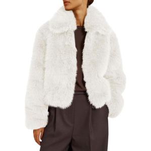 Tankaneo Womens Cropped Faux Fur Jacket Shaggy Lapel Zip Up Winter Coats Fuzzy Warm Outerwear(White)