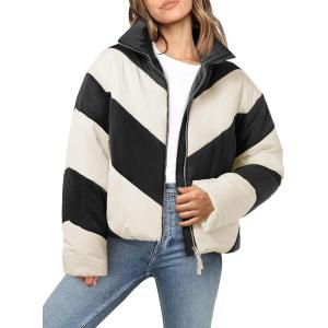 Tankaneo Womens Winter Cropped Puffer Jacket Color Block Zip Up Puffy Down Coats Oversized Outerwear(Black)