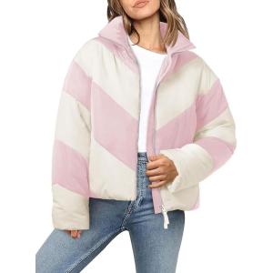 Tankaneo Womens Winter Cropped Puffer Jacket Color Block Zip Up Puffy Down Coats Oversized Outerwear(Pink)