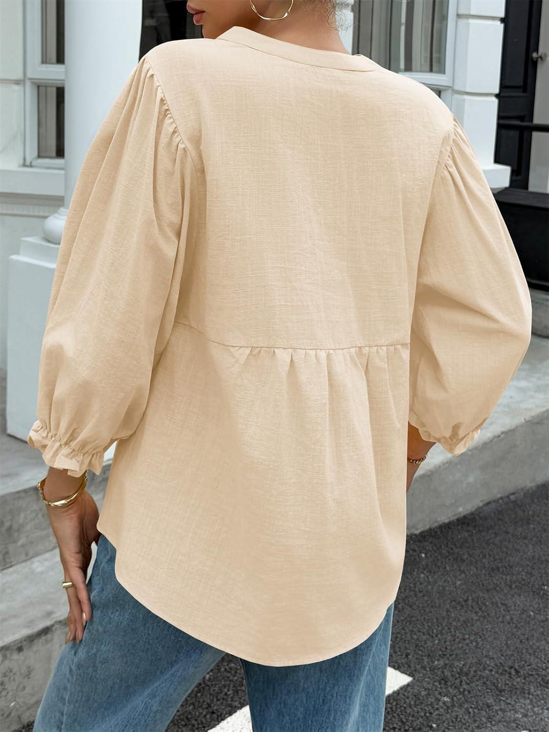 imageTankaneo Womens Puff Sleeve Babydoll Tops V Neck Button Down Blouse Cute Casual Loose Fit Flowy ShirtsApricot