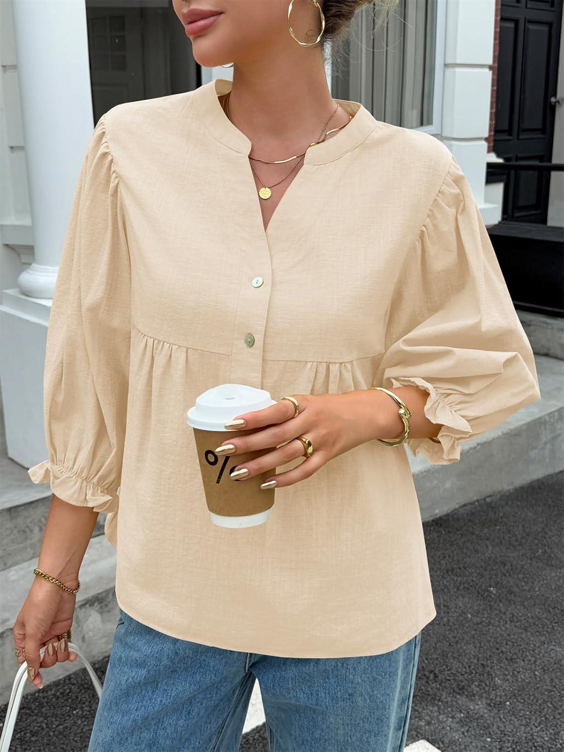 imageTankaneo Womens Puff Sleeve Babydoll Tops V Neck Button Down Blouse Cute Casual Loose Fit Flowy ShirtsApricot