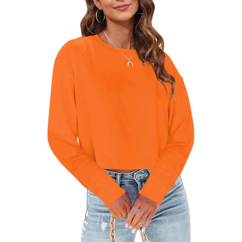 imageTankaneo Womens Long Sleeve Crop Tops Loose Fit Fall Cropped Tshirt 2025 Crew Neck Casual Shirts24orange