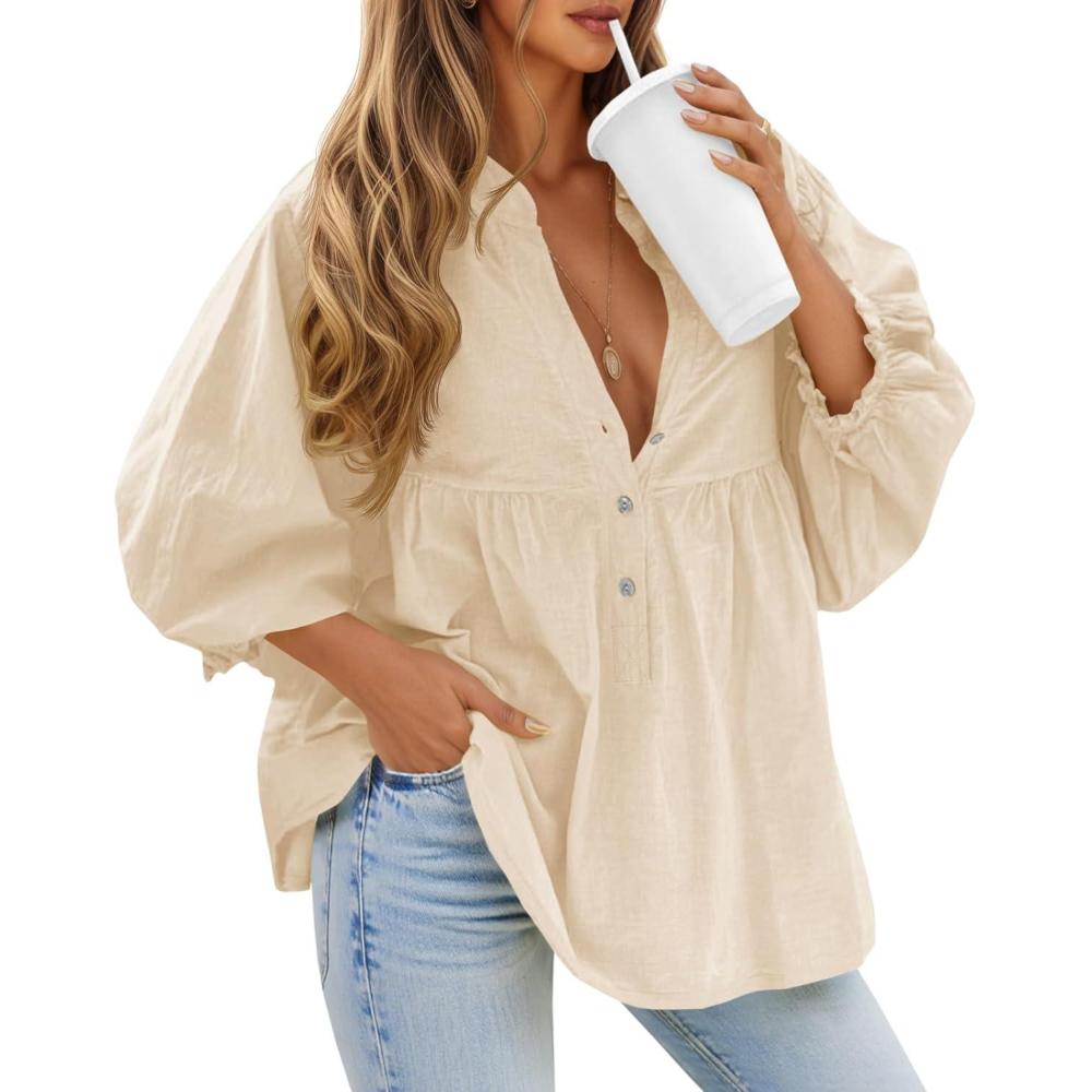 imageTankaneo Womens Puff Sleeve Babydoll Tops V Neck Button Down Blouse Cute Casual Loose Fit Flowy ShirtsApricot