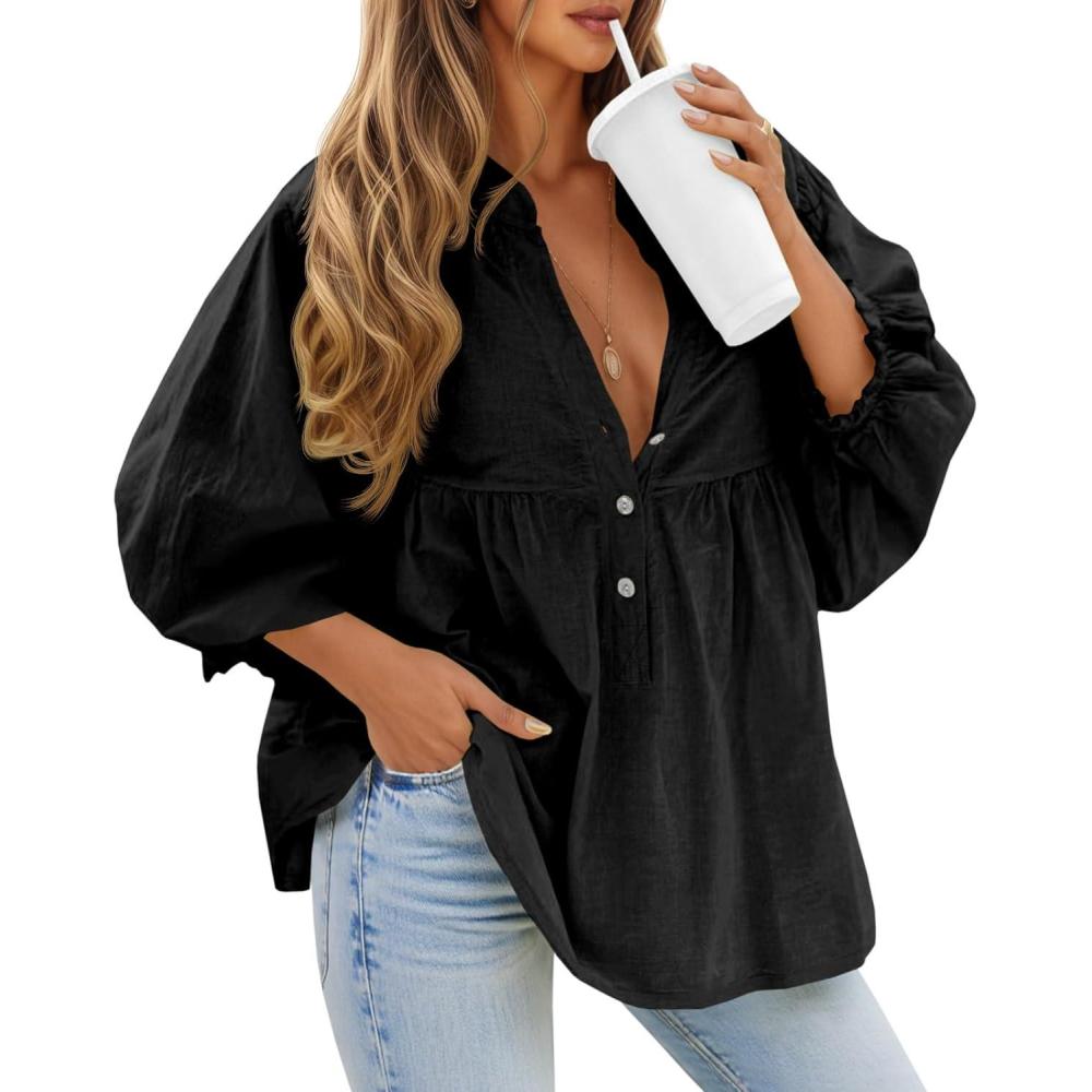 imageTankaneo Womens Puff Sleeve Babydoll Tops V Neck Button Down Blouse Cute Casual Loose Fit Flowy ShirtsBlack