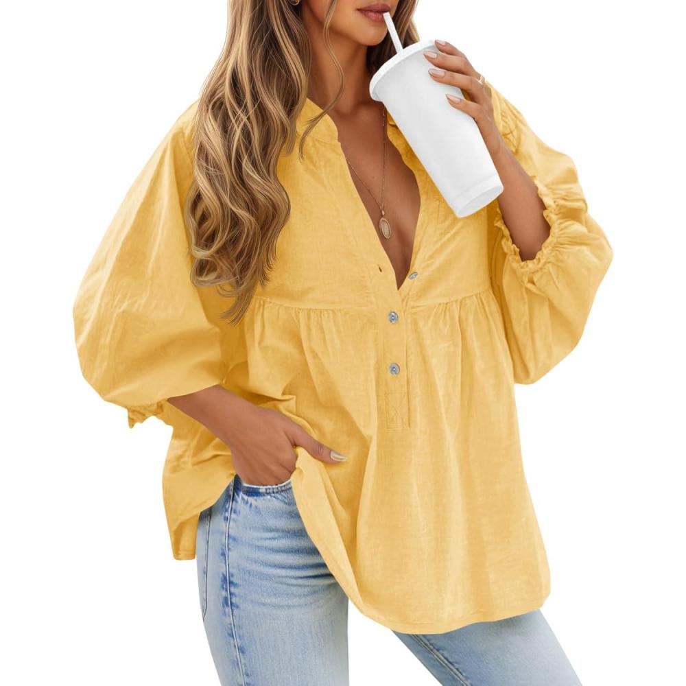 imageTankaneo Womens Puff Sleeve Babydoll Tops V Neck Button Down Blouse Cute Casual Loose Fit Flowy ShirtsYellow