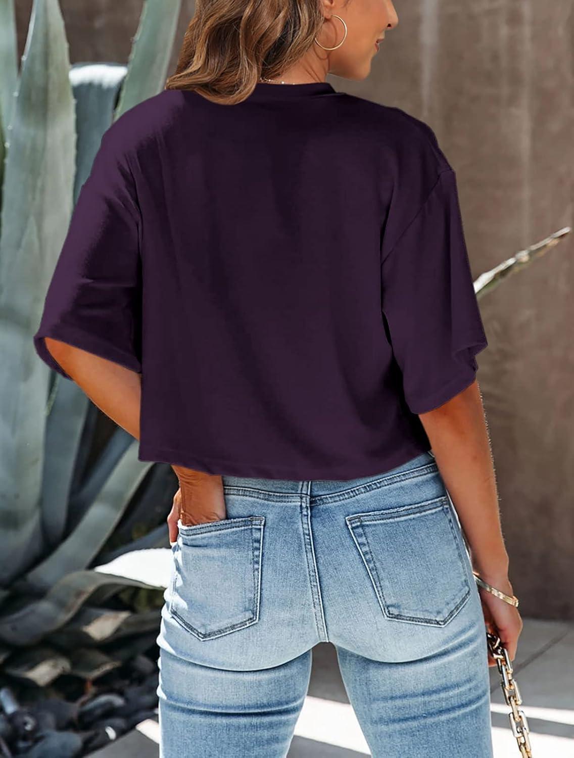 imageTankaneo Women Half Sleeve Cropped TShirts Drop Shoulder Round Neck Crop Tops Casual Summer Solid Color Basic Tees15purple