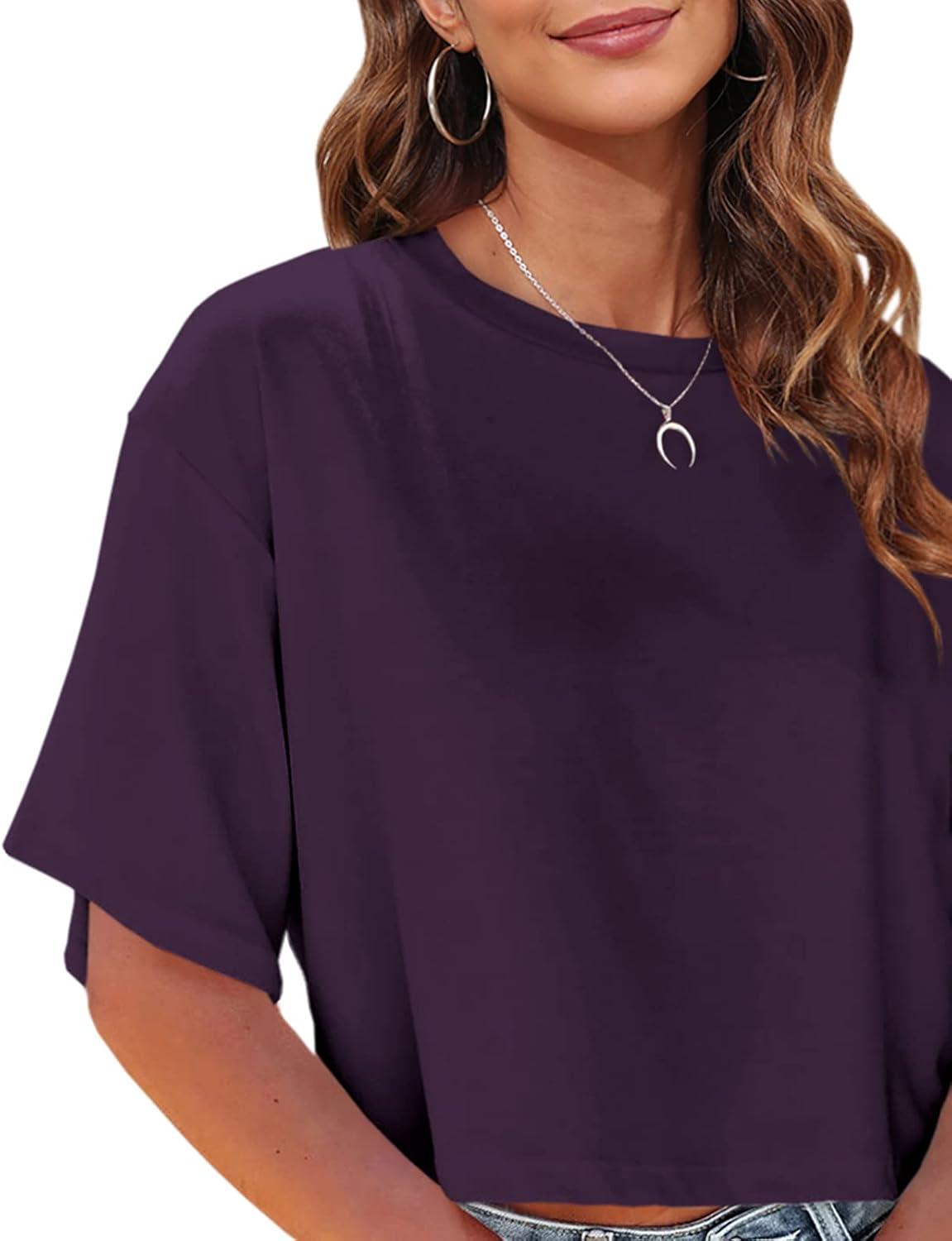 imageTankaneo Women Half Sleeve Cropped TShirts Drop Shoulder Round Neck Crop Tops Casual Summer Solid Color Basic Tees15purple