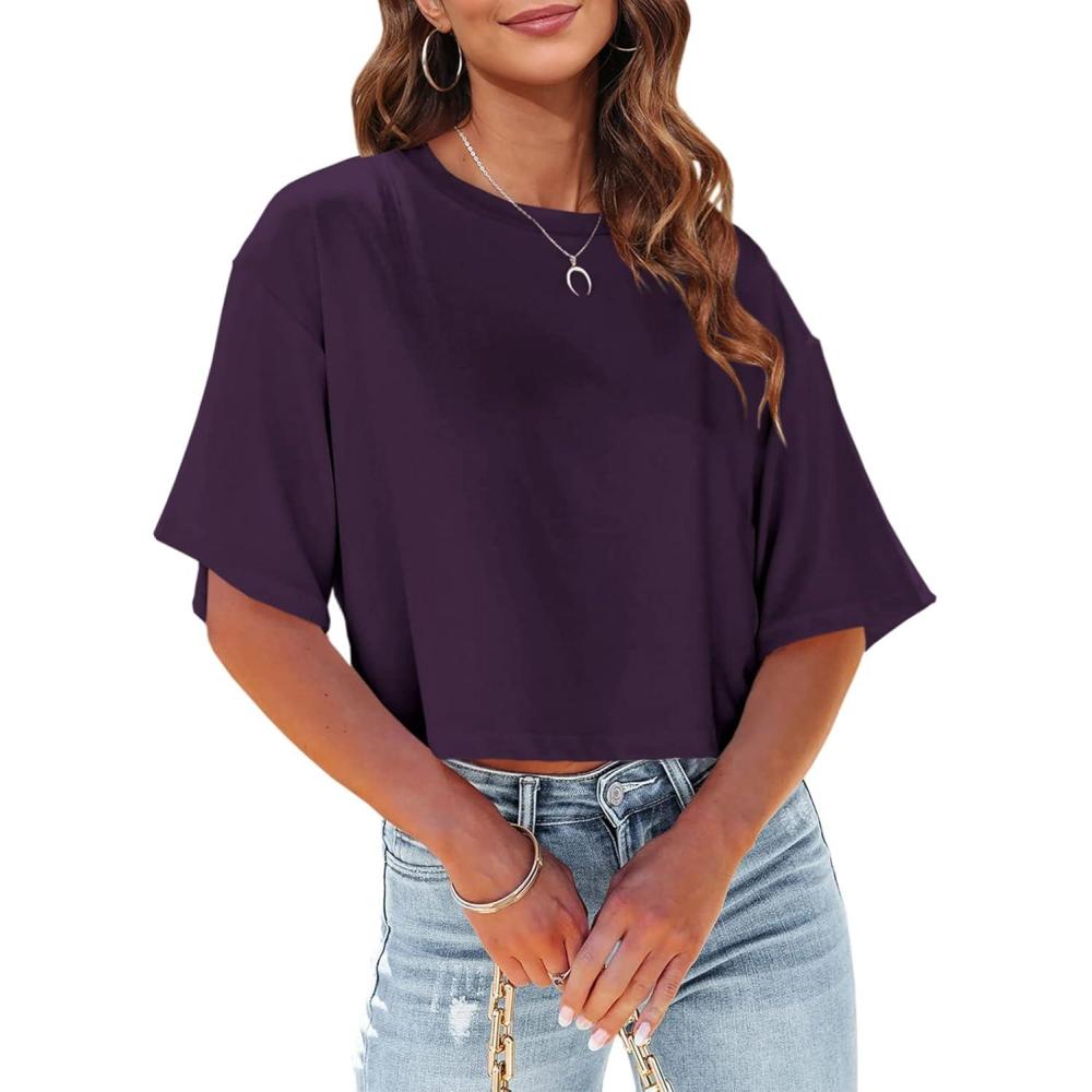 imageTankaneo Women Half Sleeve Cropped TShirts Drop Shoulder Round Neck Crop Tops Casual Summer Solid Color Basic Tees15purple