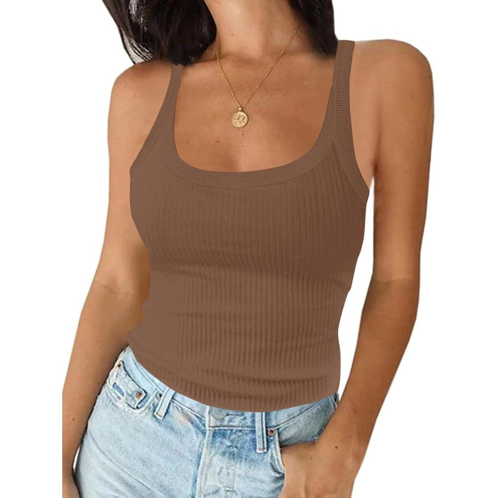 imageTankaneo Womens Ribbed Tank Tops Knit Scoop Neck Sleeveless Fitted Basic Cami Tee ShirtsLight Brown