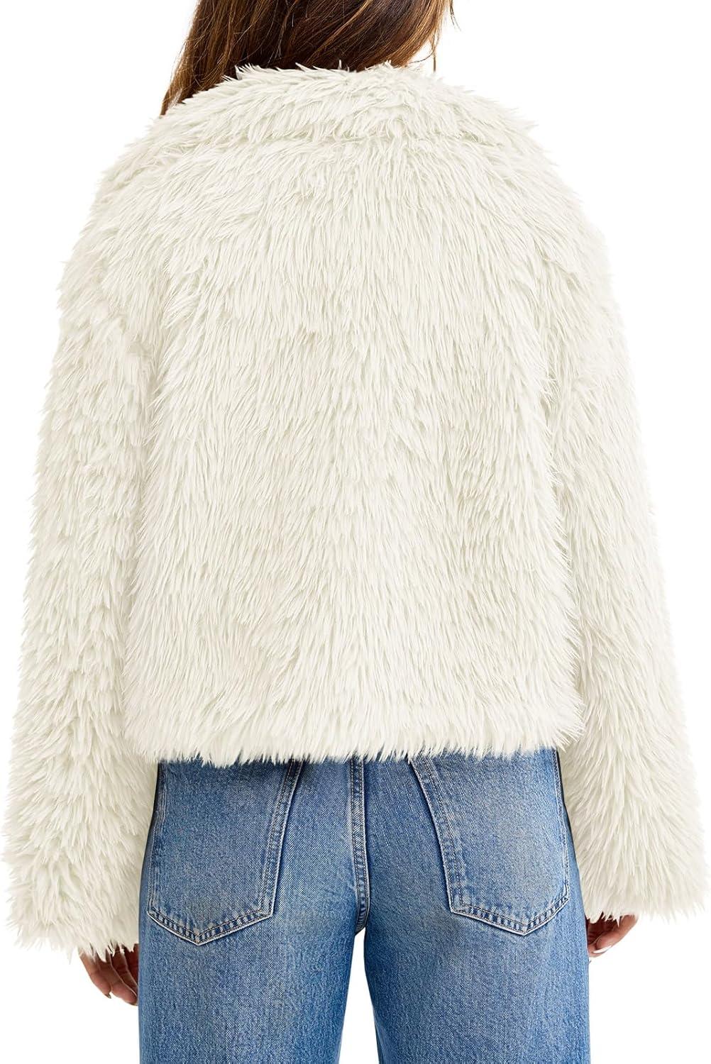 imageTankaneo Womens Cropped Faux Fur Coat Lapel Collar Button Down Fluffy Jackets Winter OuterwearBeige