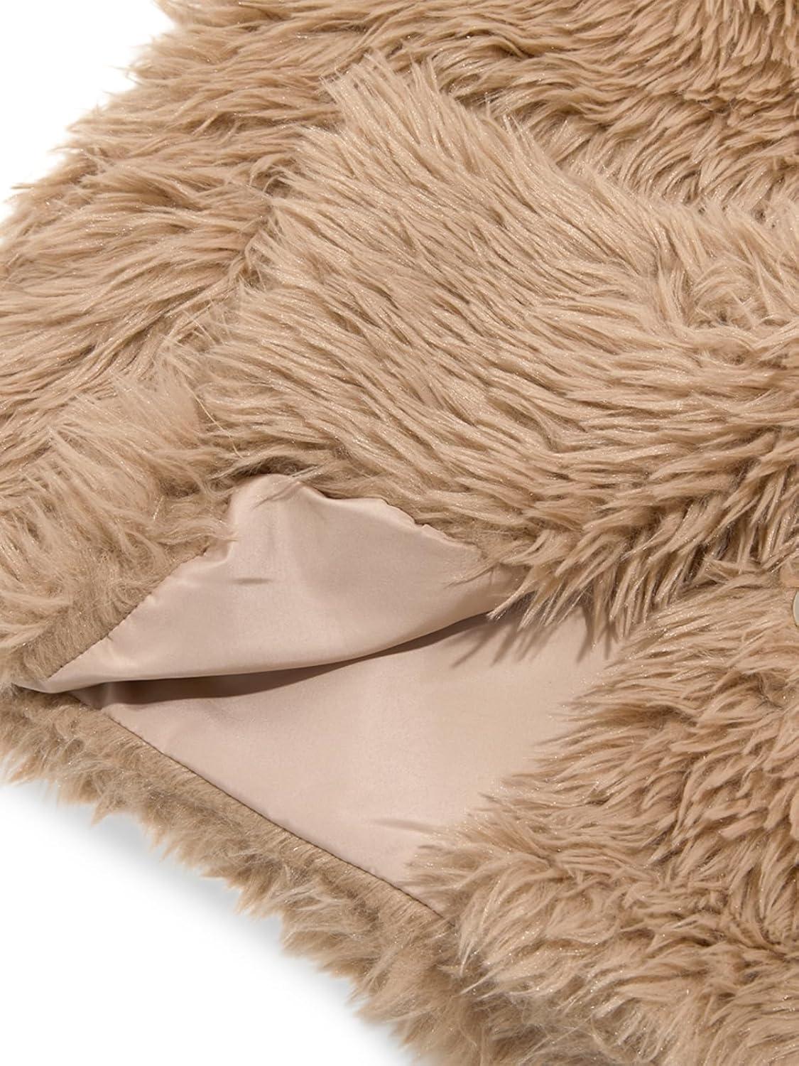 imageTankaneo Womens Cropped Faux Fur Coat Lapel Collar Button Down Fluffy Jackets Winter OuterwearKhaki