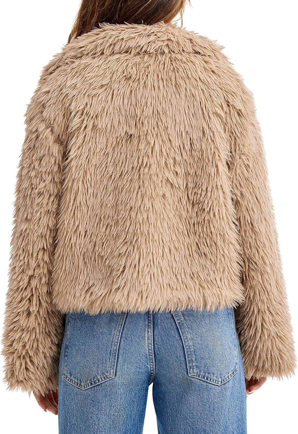 imageTankaneo Womens Cropped Faux Fur Coat Lapel Collar Button Down Fluffy Jackets Winter OuterwearKhaki