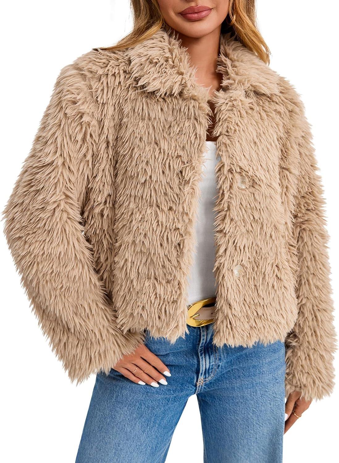 imageTankaneo Womens Cropped Faux Fur Coat Lapel Collar Button Down Fluffy Jackets Winter OuterwearKhaki