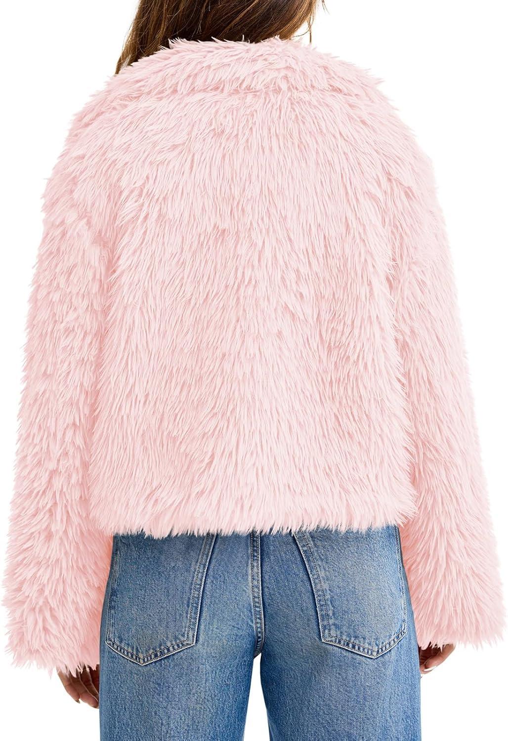 imageTankaneo Womens Cropped Faux Fur Coat Lapel Collar Button Down Fluffy Jackets Winter OuterwearPink