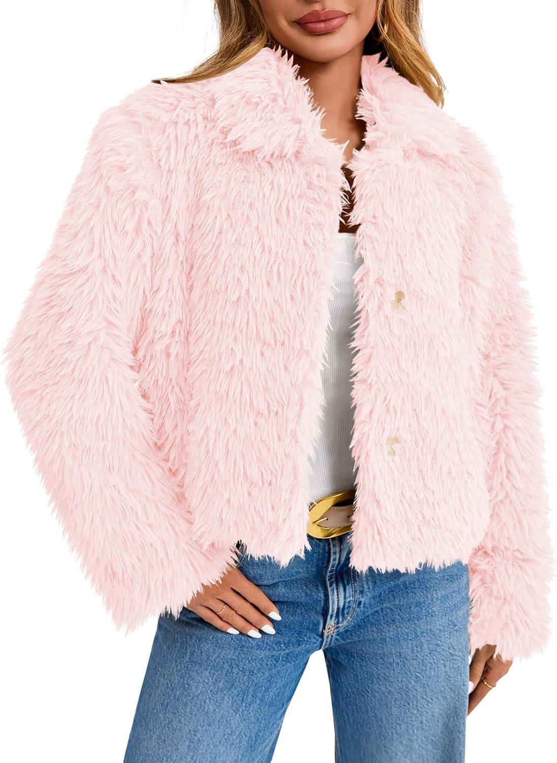 imageTankaneo Womens Cropped Faux Fur Coat Lapel Collar Button Down Fluffy Jackets Winter OuterwearPink