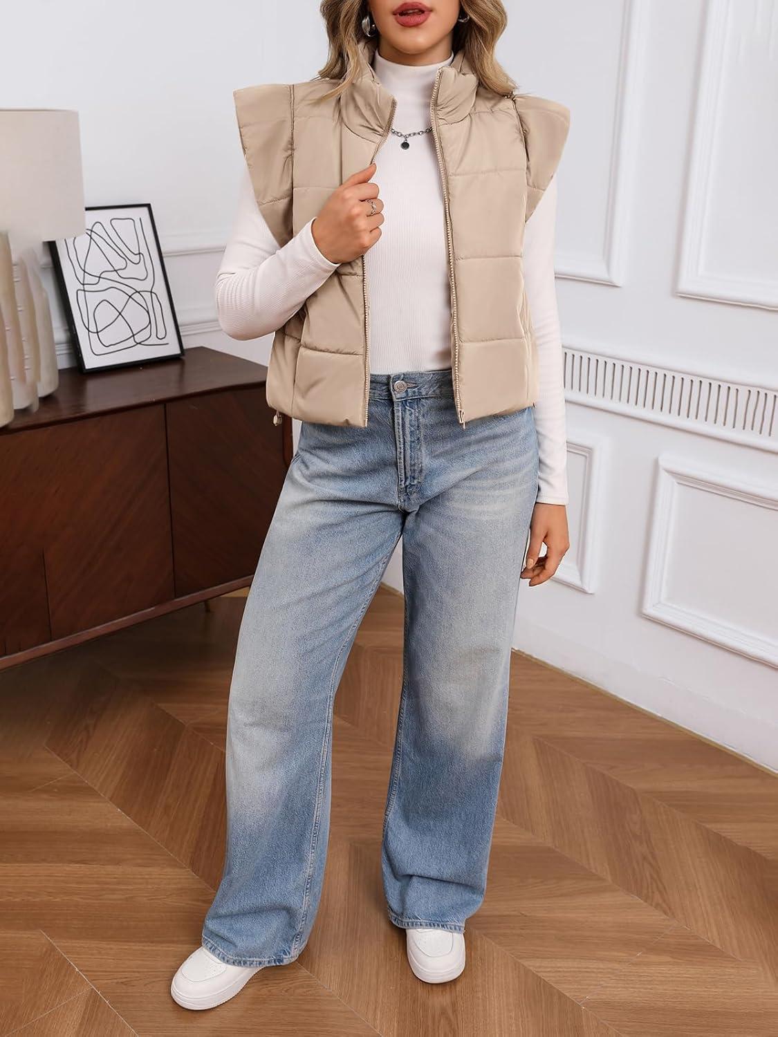 imageTankaneo Womens Cropped Puffer Vest Cap Sleeve Zip Up Puffy Qulited Jacket Stand Collar Padded Gilet Coat Winter OuterwearApricot