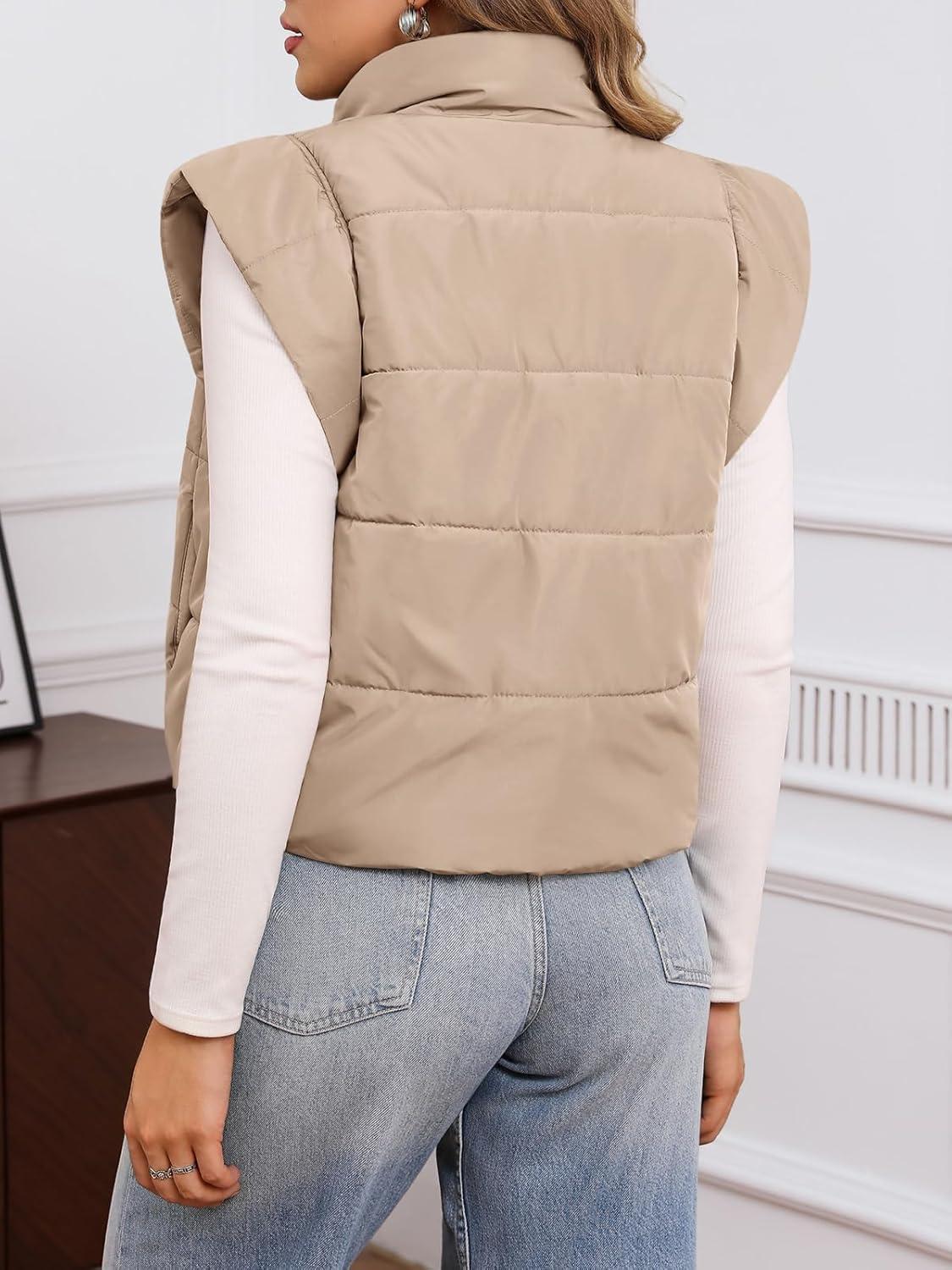 imageTankaneo Womens Cropped Puffer Vest Cap Sleeve Zip Up Puffy Qulited Jacket Stand Collar Padded Gilet Coat Winter OuterwearApricot