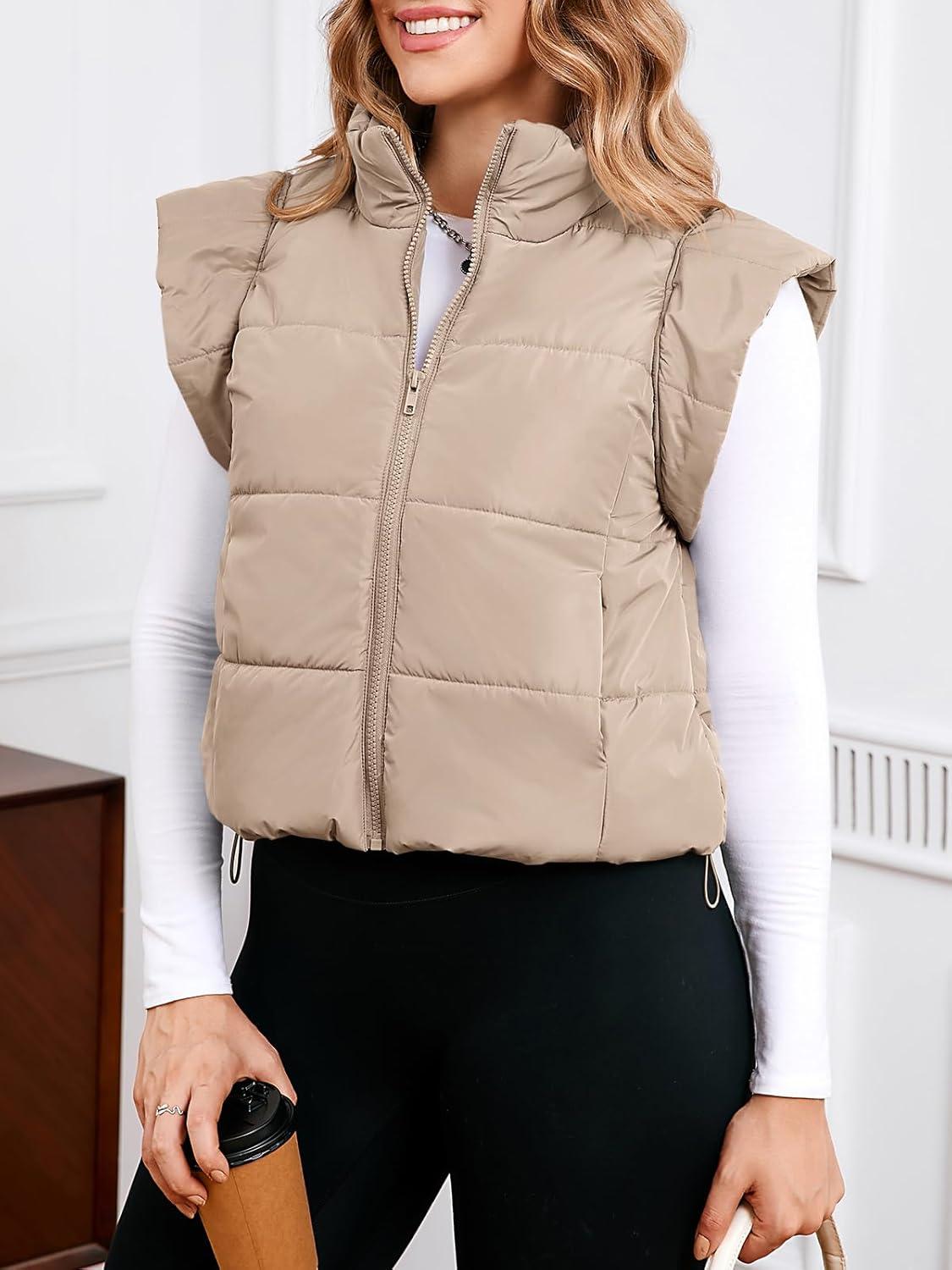 imageTankaneo Womens Cropped Puffer Vest Cap Sleeve Zip Up Puffy Qulited Jacket Stand Collar Padded Gilet Coat Winter OuterwearApricot