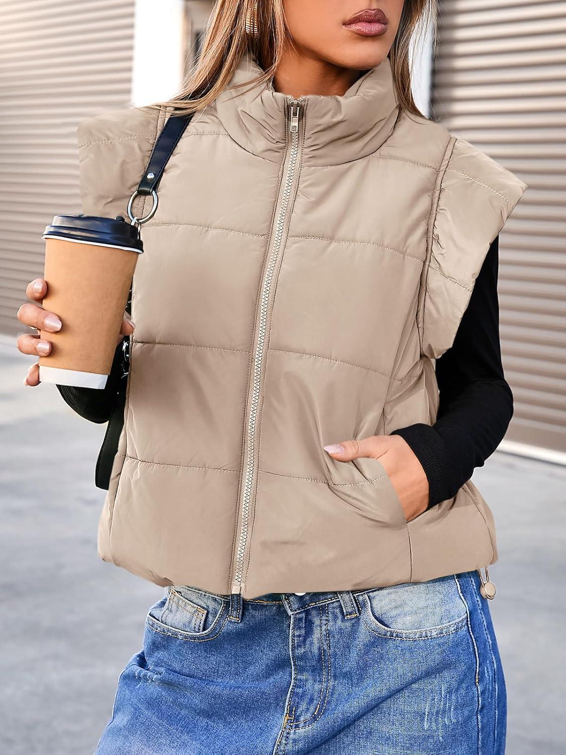imageTankaneo Womens Cropped Puffer Vest Cap Sleeve Zip Up Puffy Qulited Jacket Stand Collar Padded Gilet Coat Winter OuterwearApricot