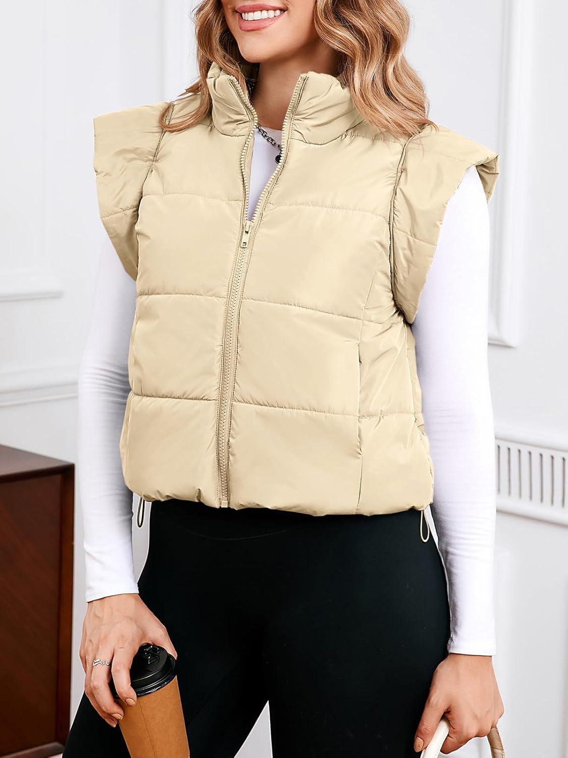 imageTankaneo Womens Cropped Puffer Vest Cap Sleeve Zip Up Puffy Qulited Jacket Stand Collar Padded Gilet Coat Winter OuterwearBeige