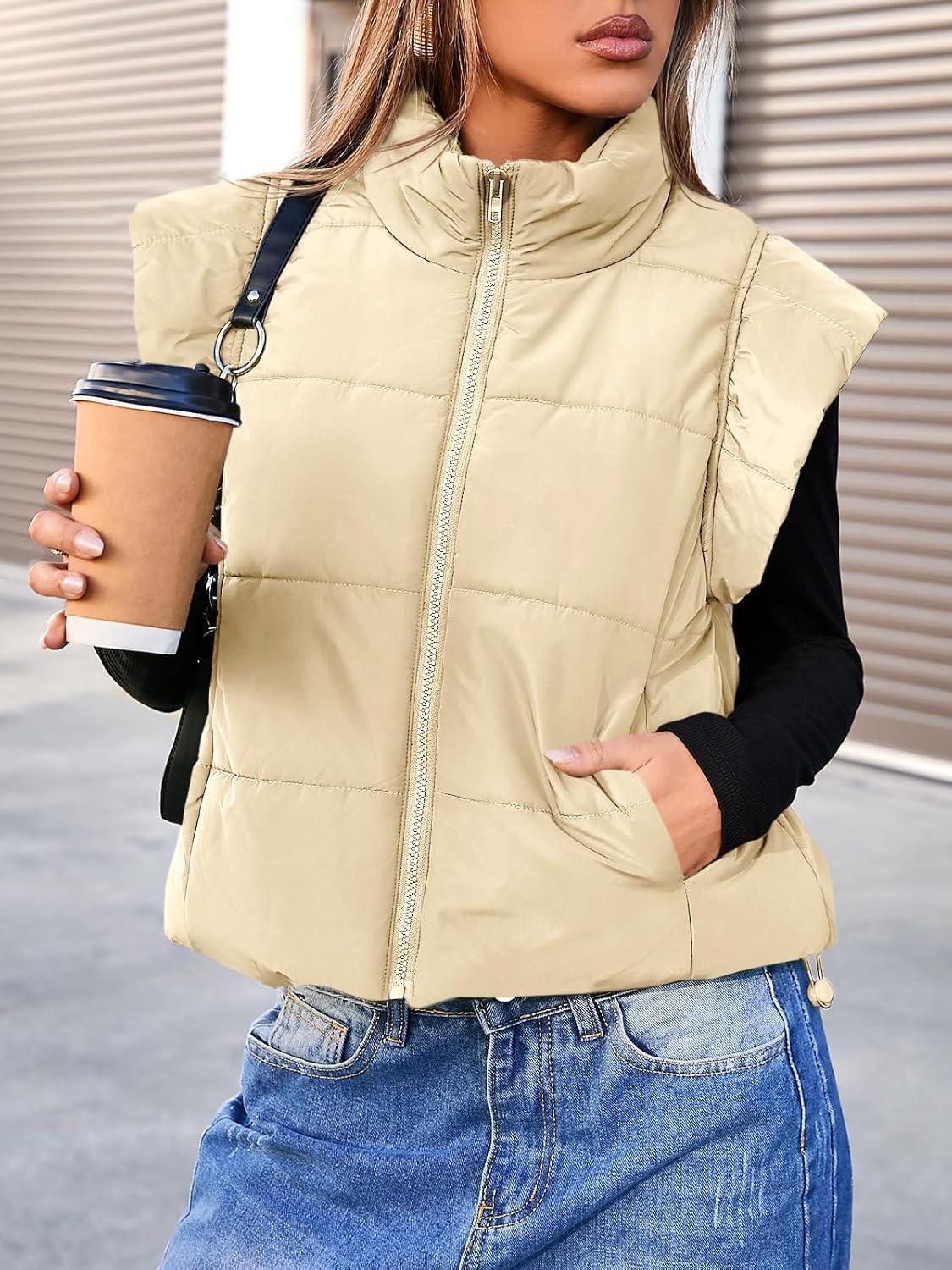 imageTankaneo Womens Cropped Puffer Vest Cap Sleeve Zip Up Puffy Qulited Jacket Stand Collar Padded Gilet Coat Winter OuterwearBeige