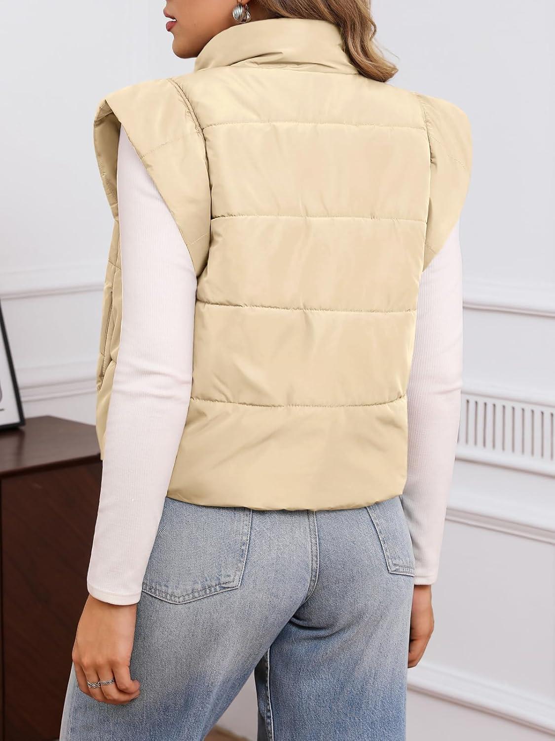 imageTankaneo Womens Cropped Puffer Vest Cap Sleeve Zip Up Puffy Qulited Jacket Stand Collar Padded Gilet Coat Winter OuterwearBeige