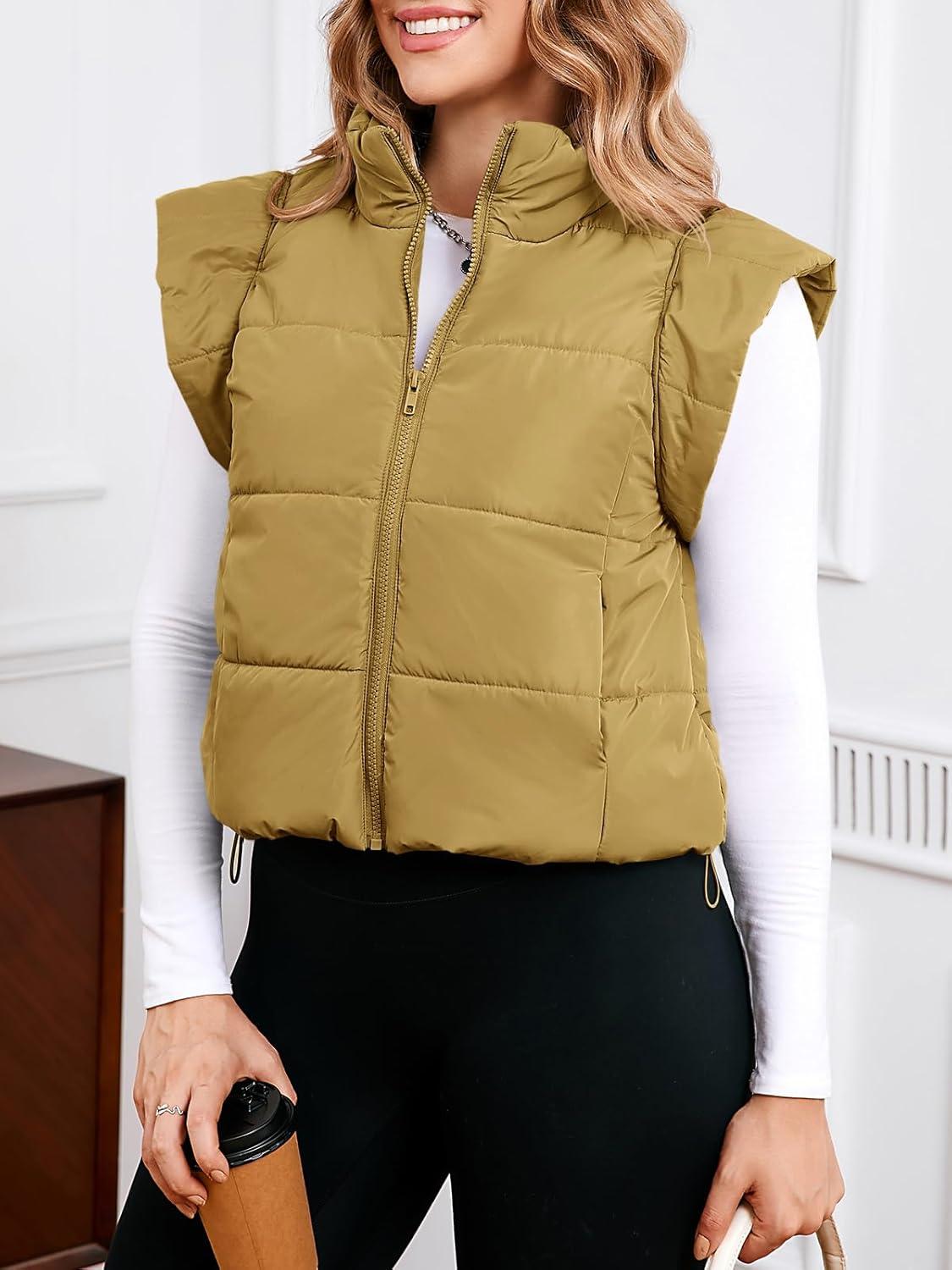 imageTankaneo Womens Cropped Puffer Vest Cap Sleeve Zip Up Puffy Qulited Jacket Stand Collar Padded Gilet Coat Winter OuterwearBrown