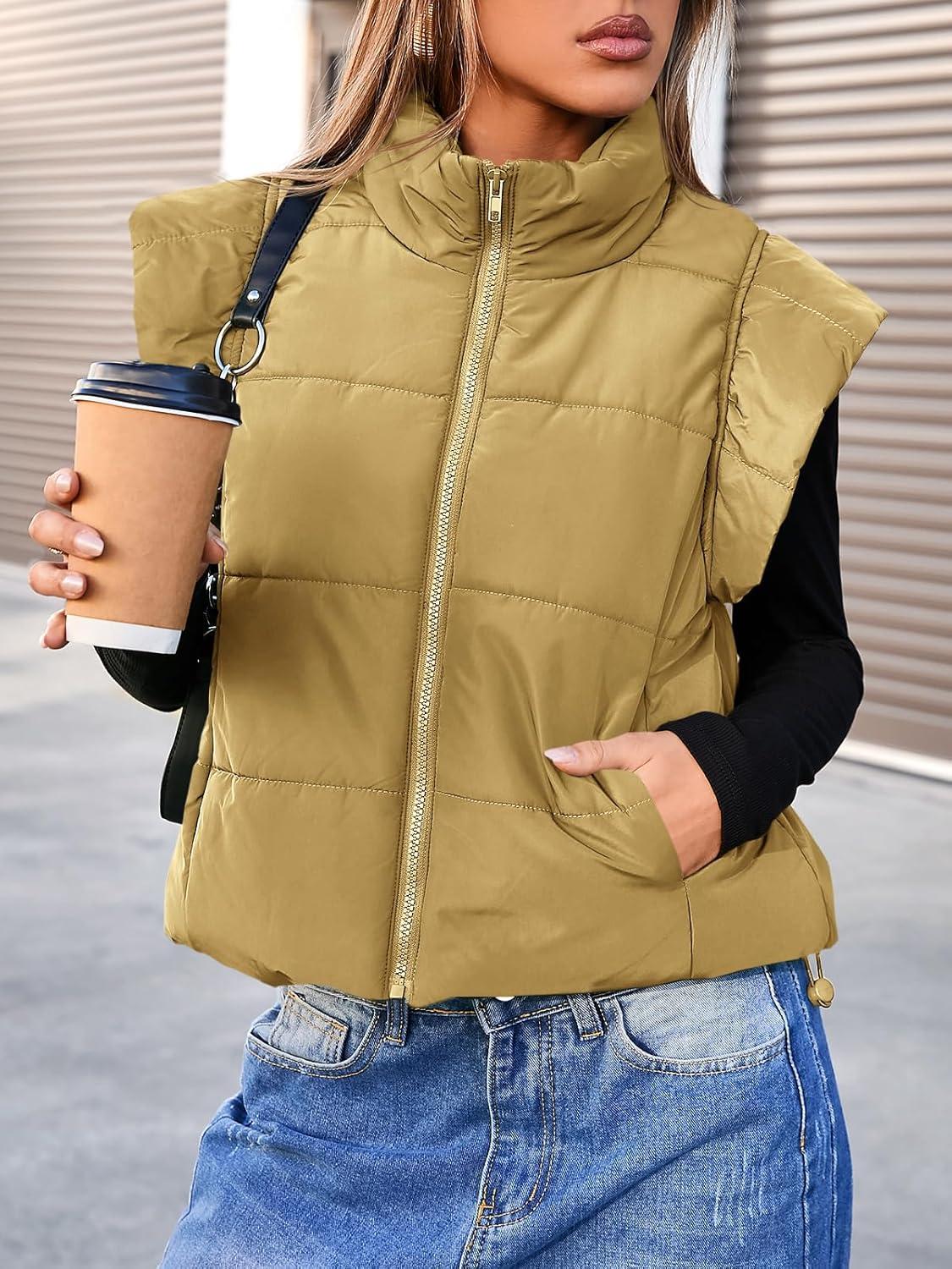 imageTankaneo Womens Cropped Puffer Vest Cap Sleeve Zip Up Puffy Qulited Jacket Stand Collar Padded Gilet Coat Winter OuterwearBrown