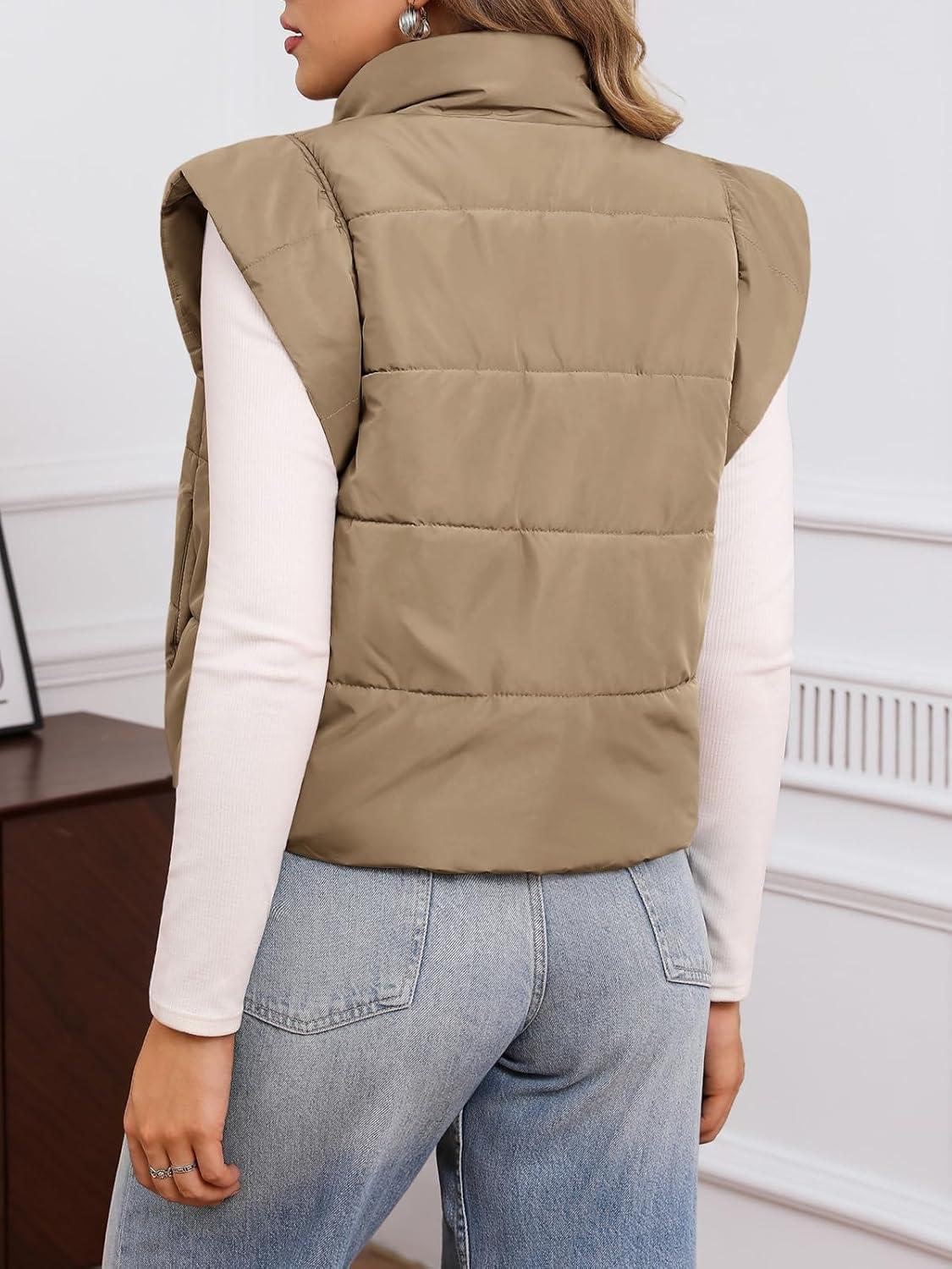 imageTankaneo Womens Cropped Puffer Vest Cap Sleeve Zip Up Puffy Qulited Jacket Stand Collar Padded Gilet Coat Winter OuterwearKhaki