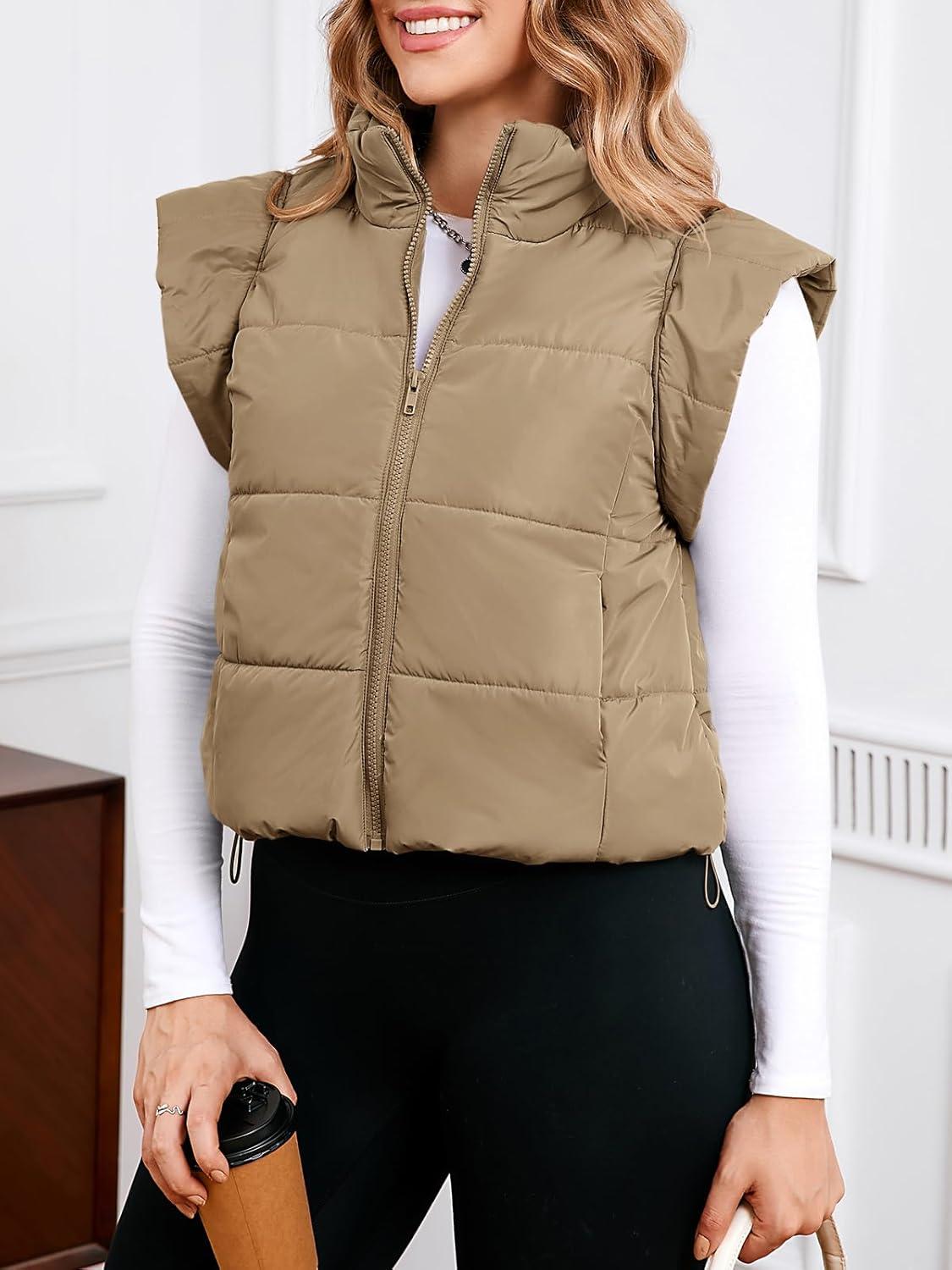 imageTankaneo Womens Cropped Puffer Vest Cap Sleeve Zip Up Puffy Qulited Jacket Stand Collar Padded Gilet Coat Winter OuterwearKhaki