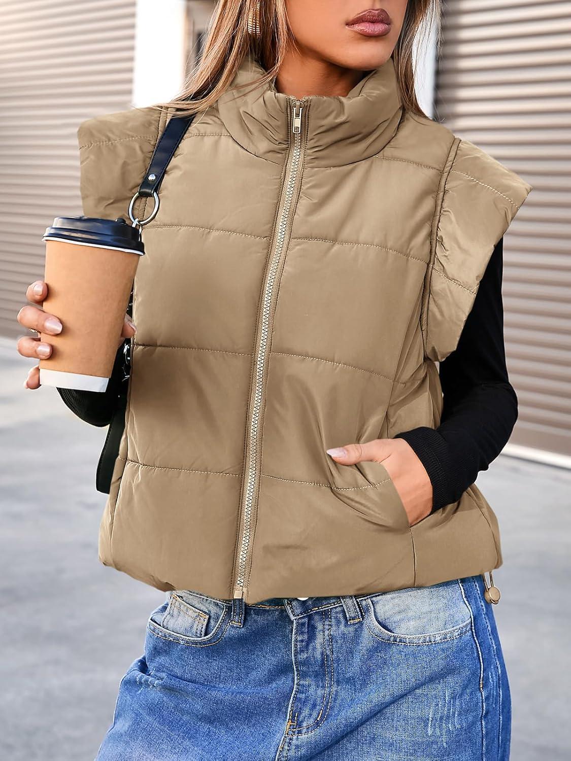imageTankaneo Womens Cropped Puffer Vest Cap Sleeve Zip Up Puffy Qulited Jacket Stand Collar Padded Gilet Coat Winter OuterwearKhaki
