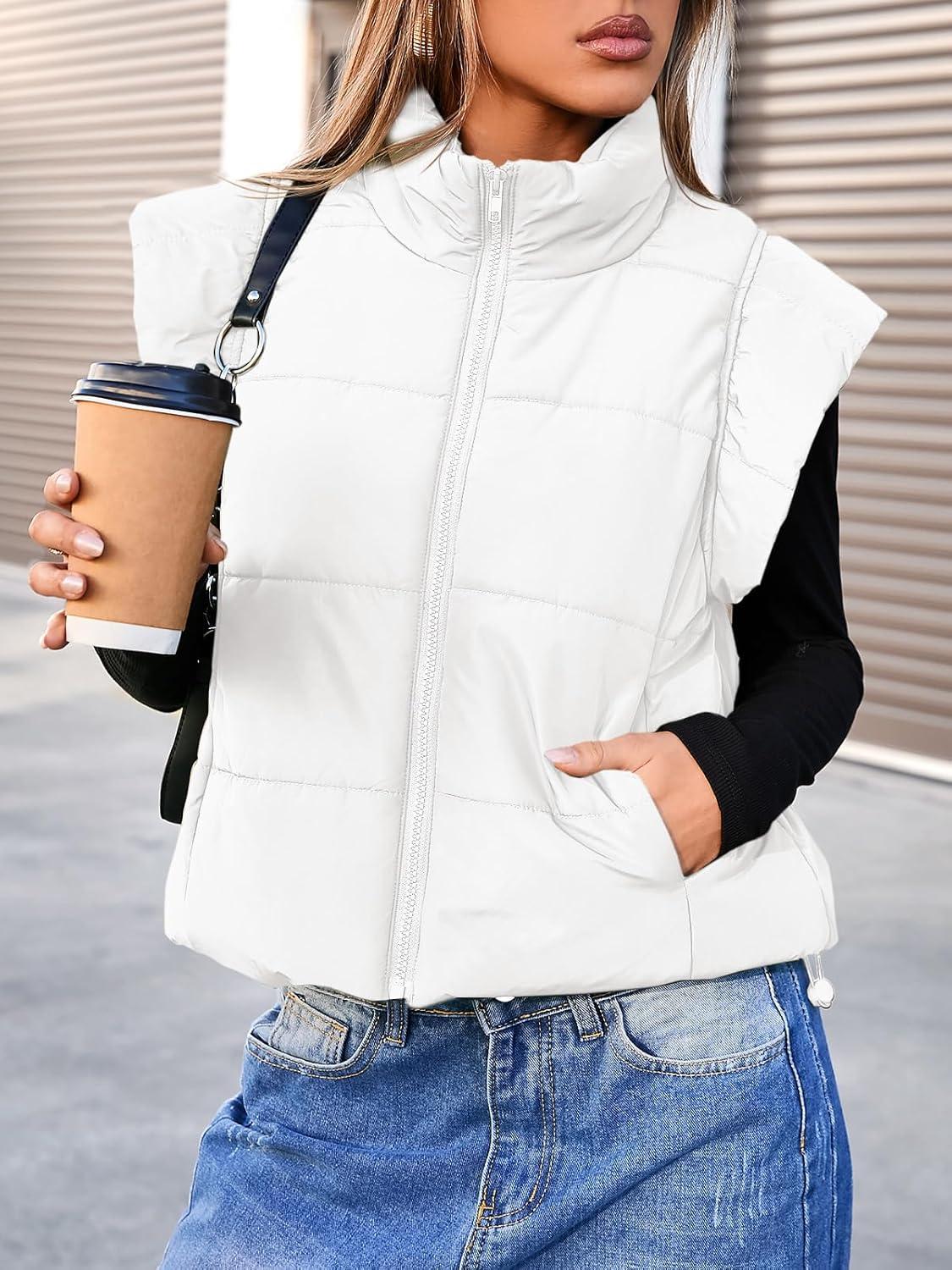 imageTankaneo Womens Cropped Puffer Vest Cap Sleeve Zip Up Puffy Qulited Jacket Stand Collar Padded Gilet Coat Winter OuterwearWhite