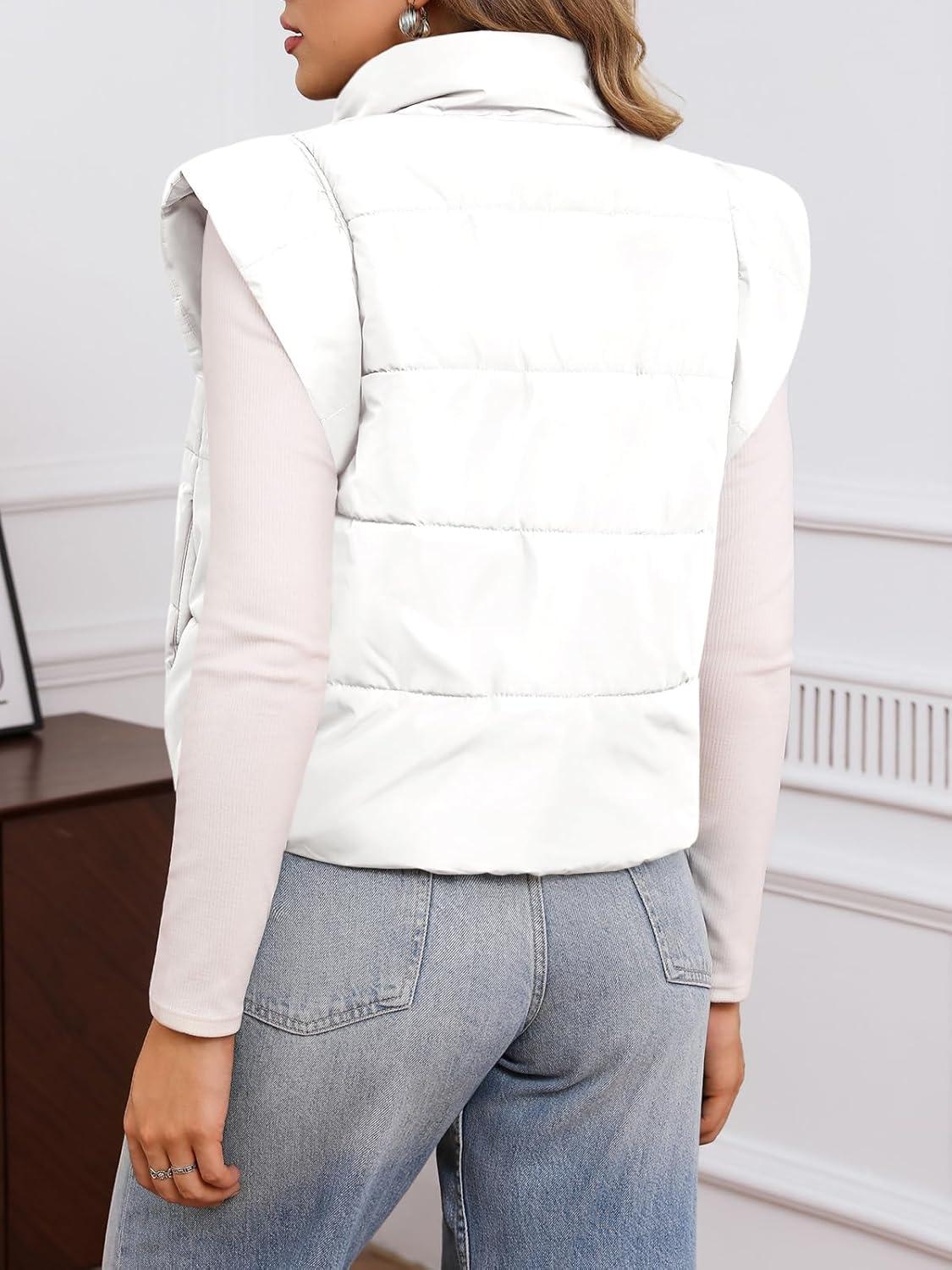 imageTankaneo Womens Cropped Puffer Vest Cap Sleeve Zip Up Puffy Qulited Jacket Stand Collar Padded Gilet Coat Winter OuterwearWhite