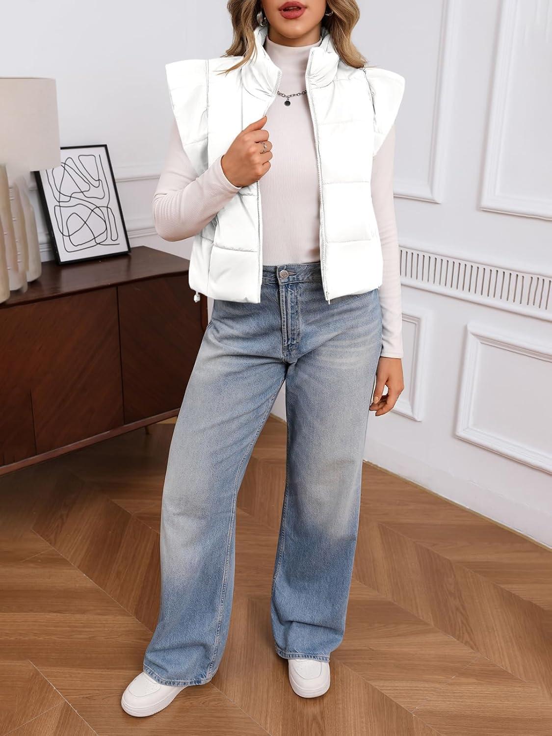 imageTankaneo Womens Cropped Puffer Vest Cap Sleeve Zip Up Puffy Qulited Jacket Stand Collar Padded Gilet Coat Winter OuterwearWhite