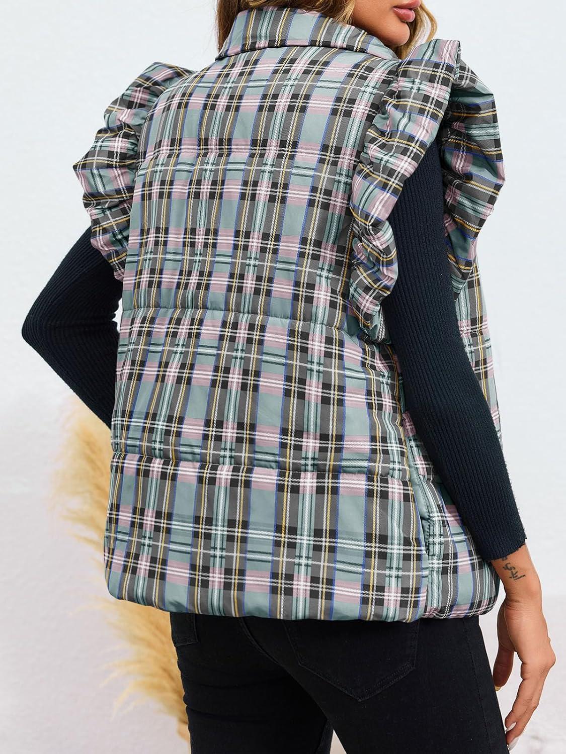 imageTankaneo Womens Plaid Puffer Vests Ruffle Sleeveless Lightweight Quilted Vest Fall Winter Padded Gilets CoatsGrey